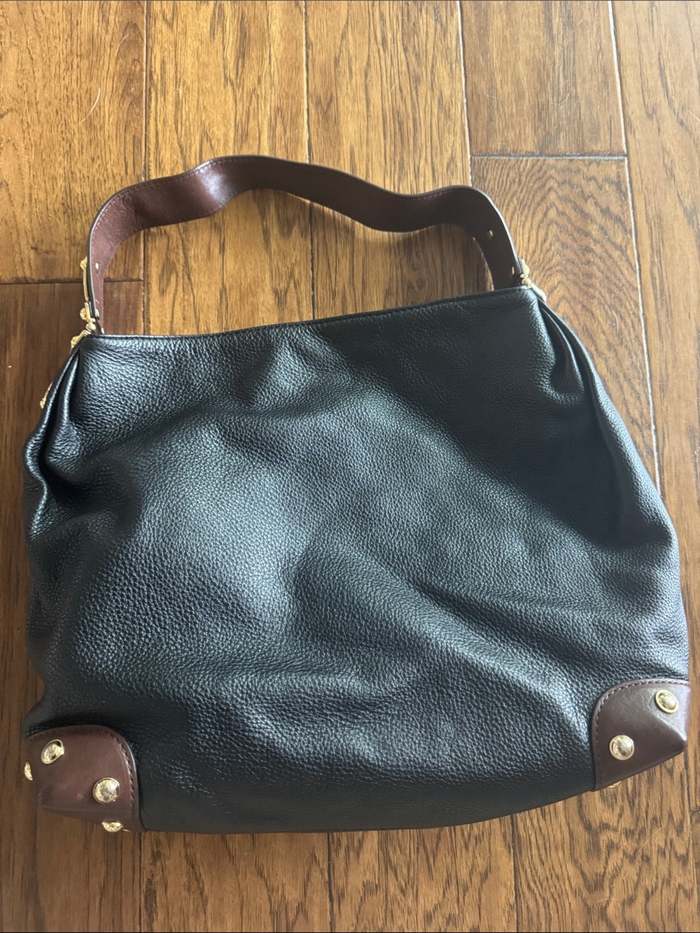 Michael Kors Black Leather Shoulder Bag with Brown Trim and Gold Accents